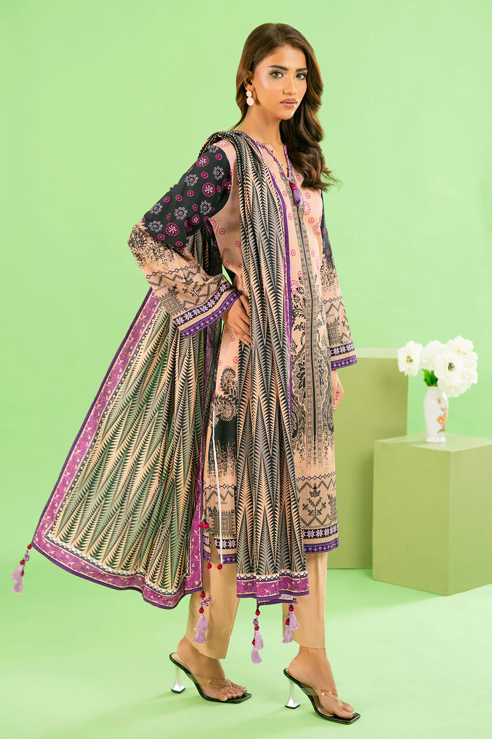 3 Piece Printed Cotton Linen Suit with Dupatta - Image 6