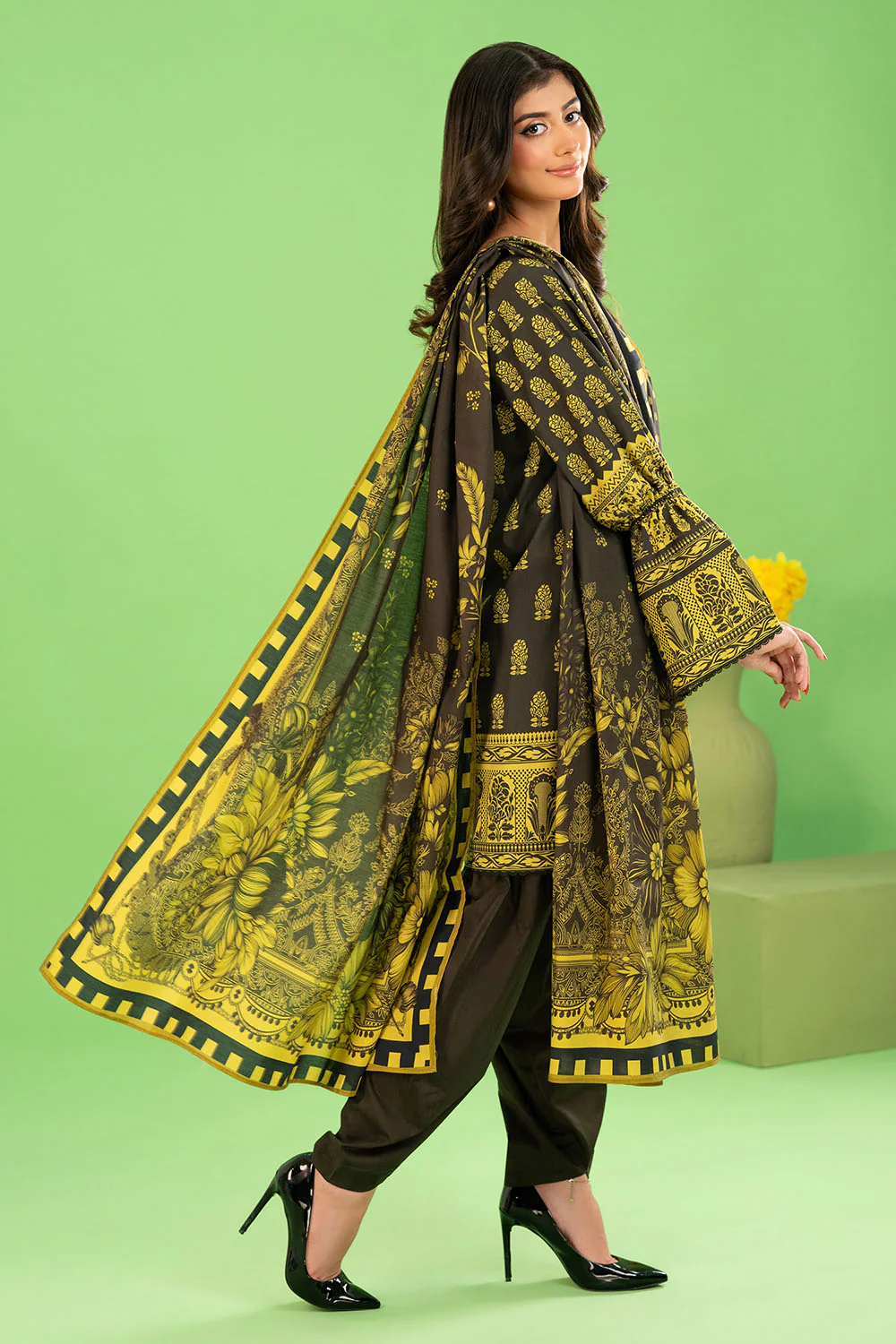 3 Piece Printed Cotton Linen Suit with Dupatta - Image 3