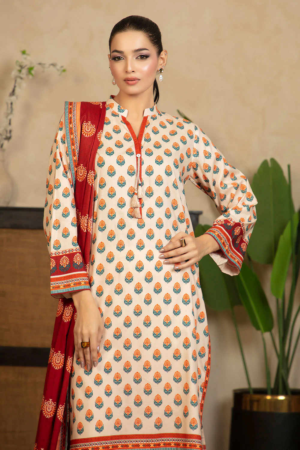 3 Piece Printed Cotton Linen Suit with Dupatta - Image 3
