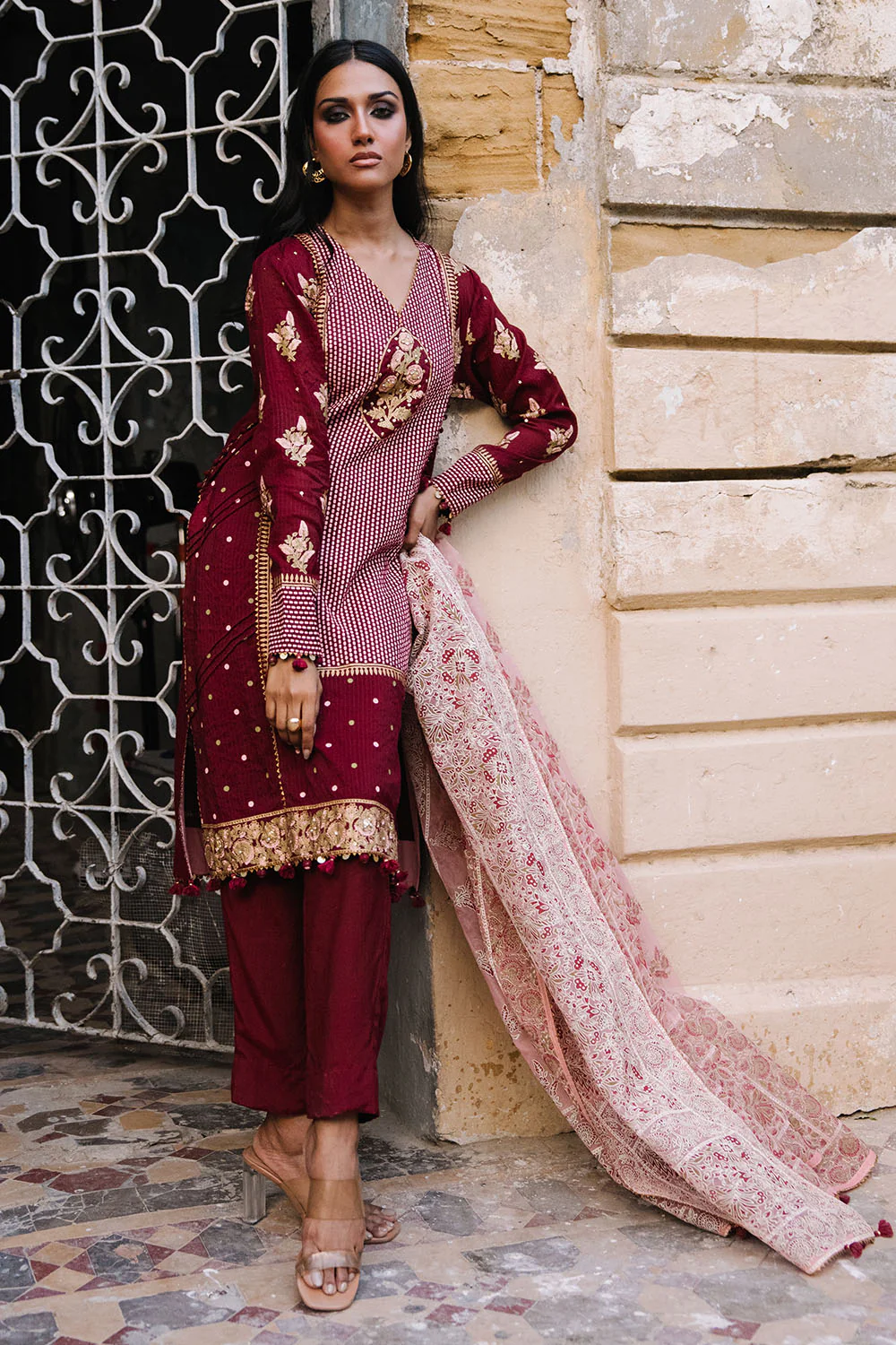 3 Piece Printed Cotton Silk Suit with Handwork and Lacquer Printed Organza Dupatta - Image 3