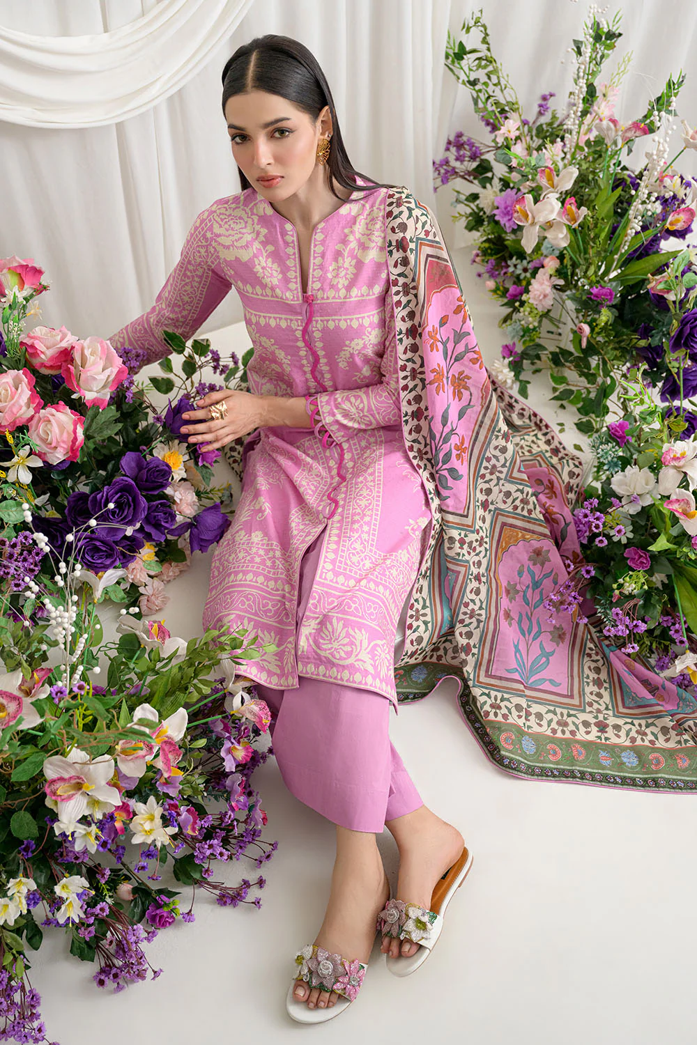 3 Piece Printed Dobby Suit with Printed Lawn Dupatta and Dyed Trouser - Image 3