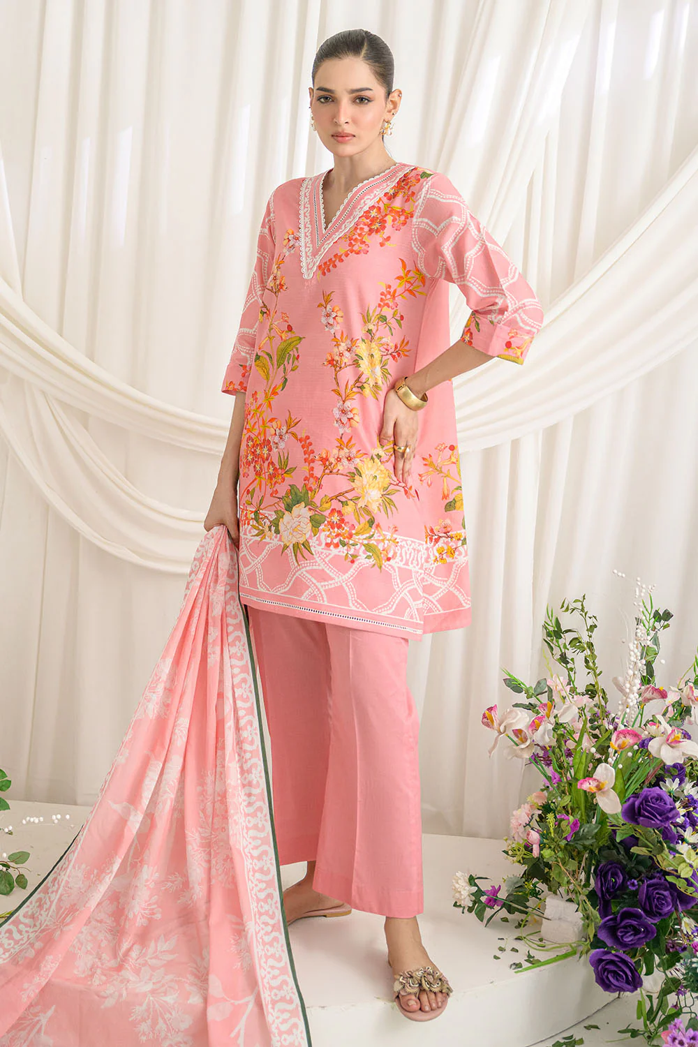 3 Piece Printed Dobby Suit with Printed Lawn Dupatta and Dyed Trouser - Image 6