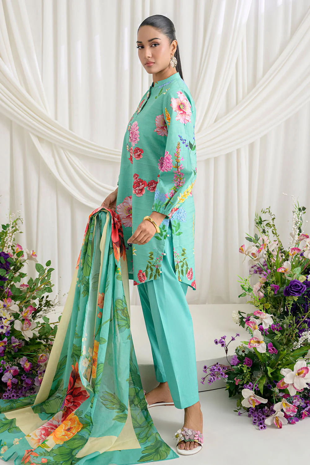 3 Piece Printed Dobby Suit with Printed Lawn Dupatta and Dyed Trouser - Image 3