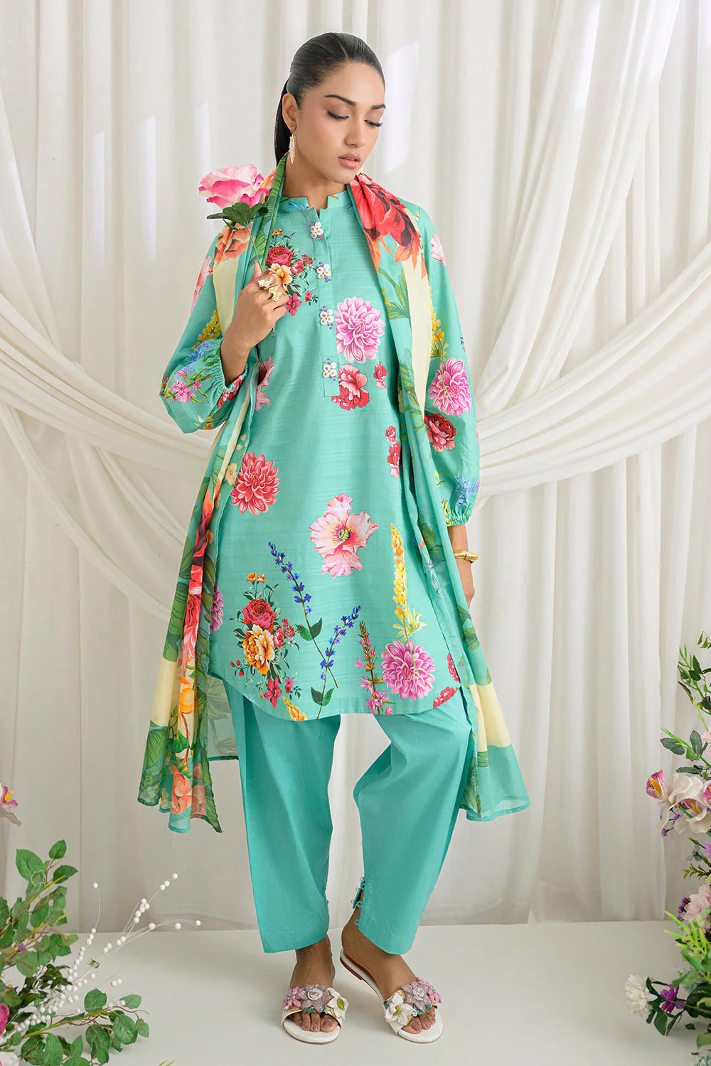 3 Piece Printed Dobby Suit with Printed Lawn Dupatta and Dyed Trouser - Image 6