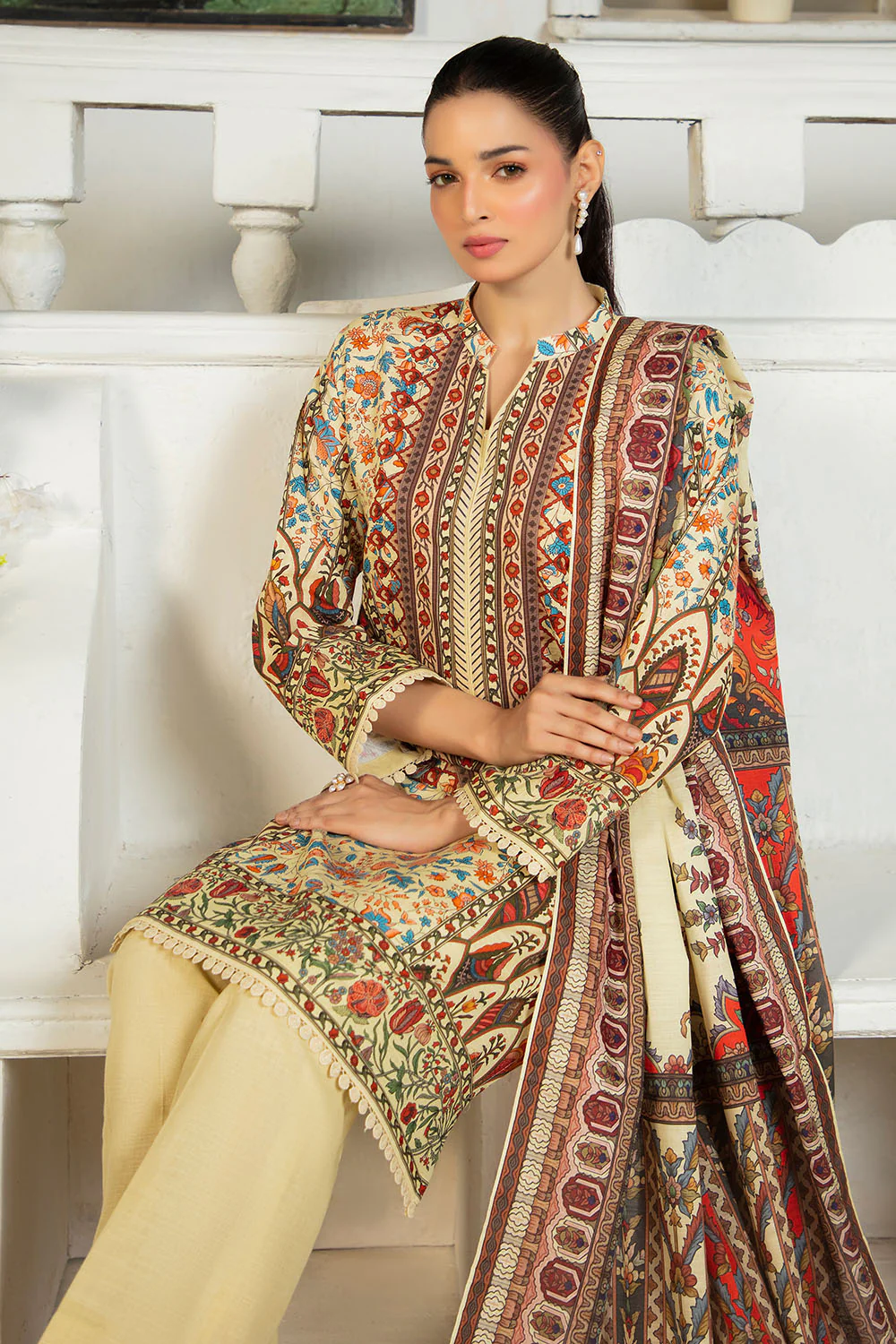 3 Piece Printed Khaddar Suit with Dupatta - Image 3