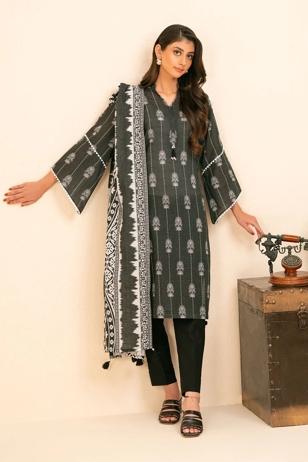 3 Piece Printed Khaddar Suit with Dupatta - Image 3