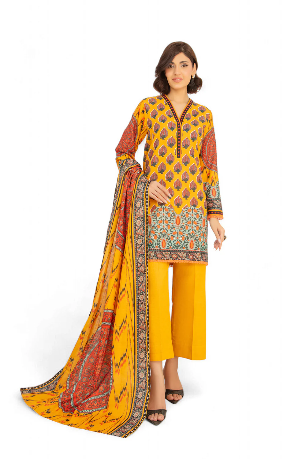 3 Piece Printed Khaddar Suit with Zari Cotton Dupatta