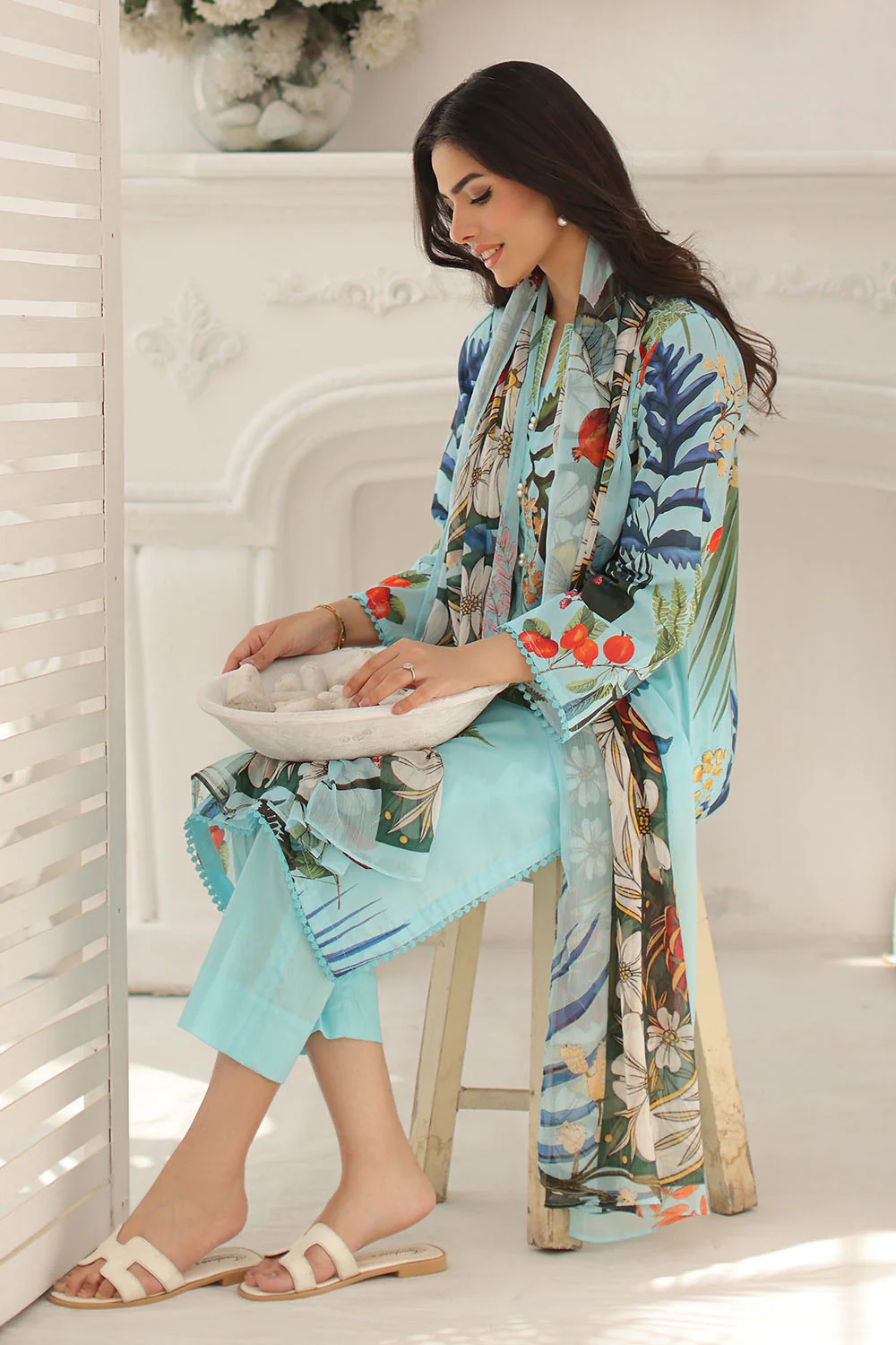 3 Piece Printed Lawn Suit with Chiffon Dupatta - Image 3