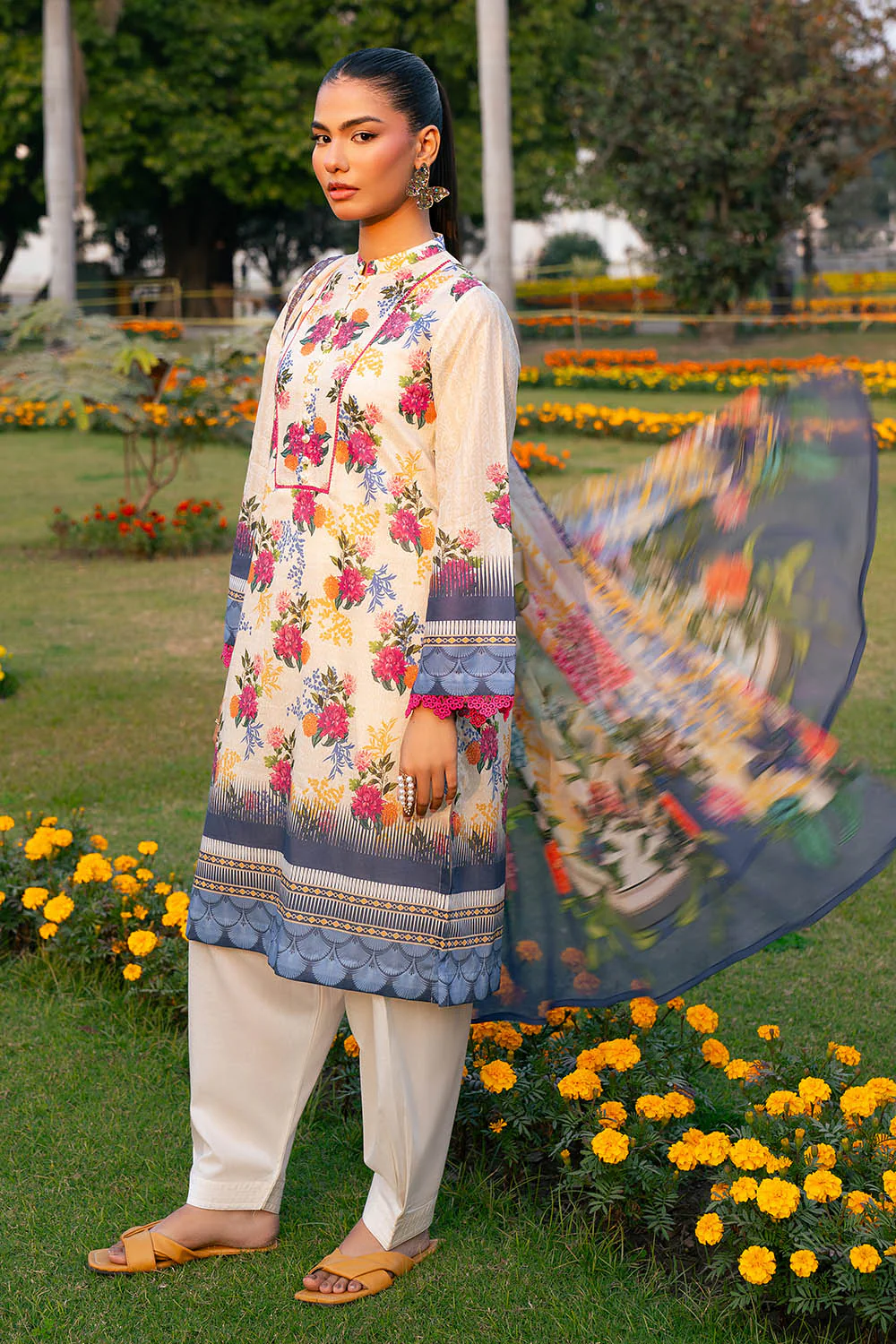 3 Piece Printed Lawn Suit with Chiffon Dupatta - Image 3