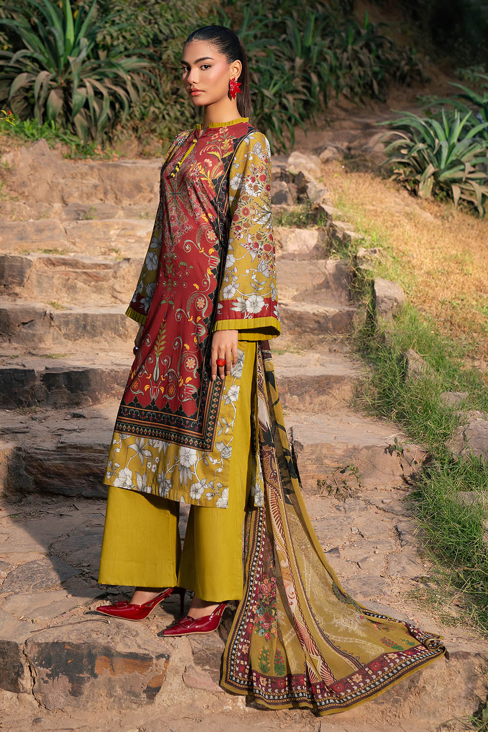 3 Piece Printed Lawn Suit with Chiffon Dupatta - Image 3