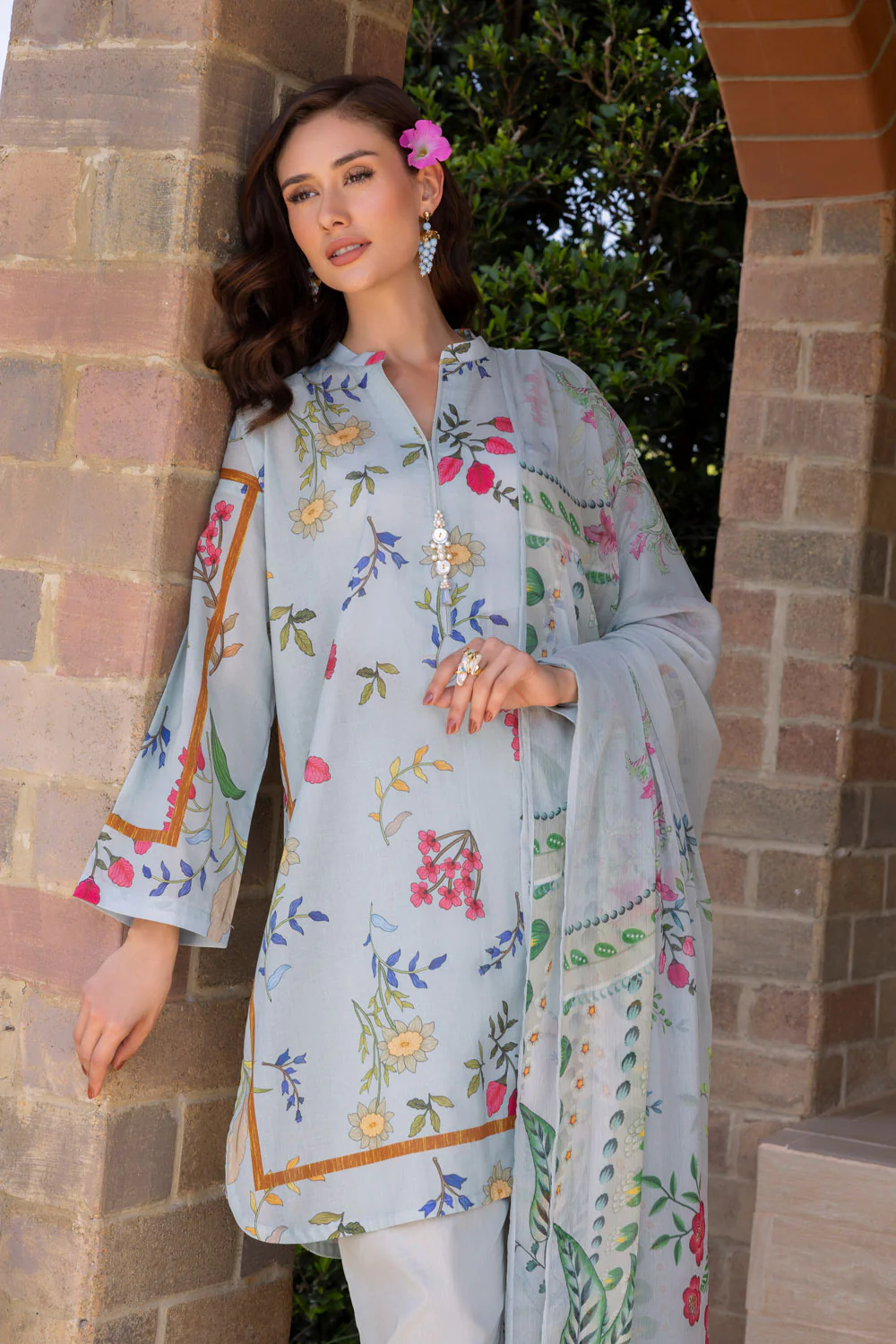3 Piece Printed Lawn suit with Chiffon Dupatta - Image 2