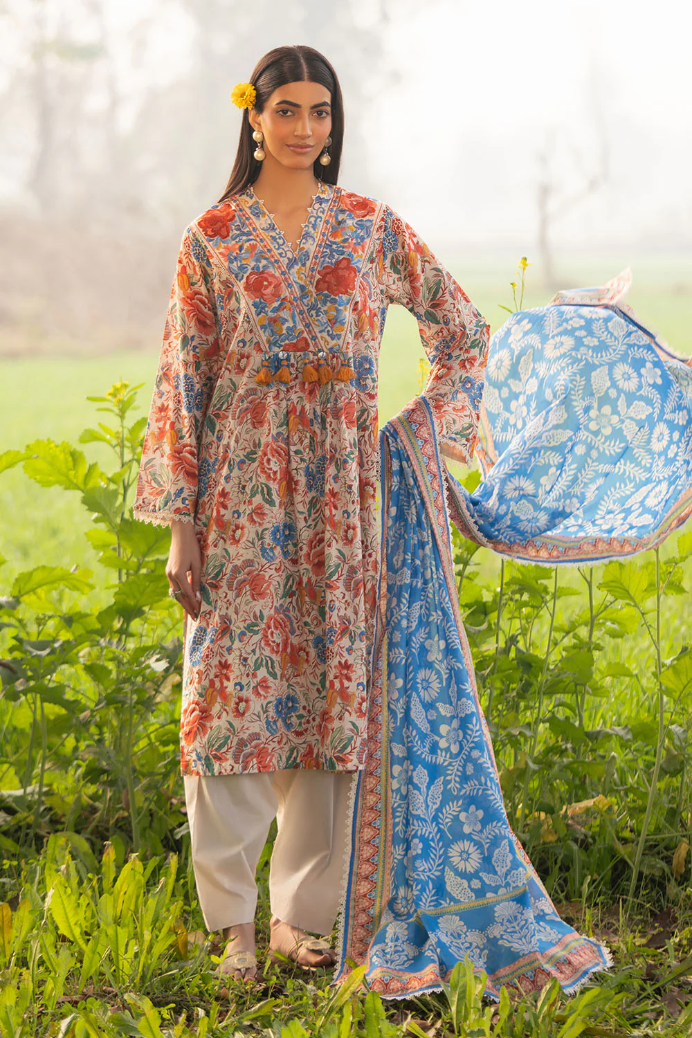 3 Piece Printed Lawn Suit with Embroidered Border - Image 7