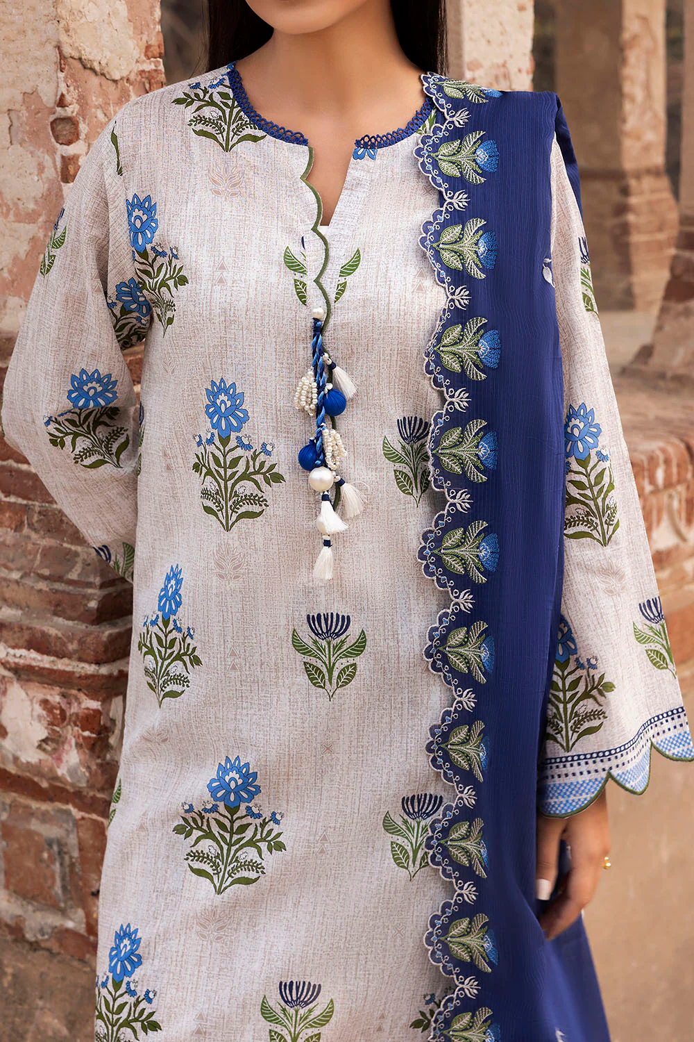 3 Piece Printed Lawn Suit with Embroidered Denting Dupatta and Printed Trouser - Image 2