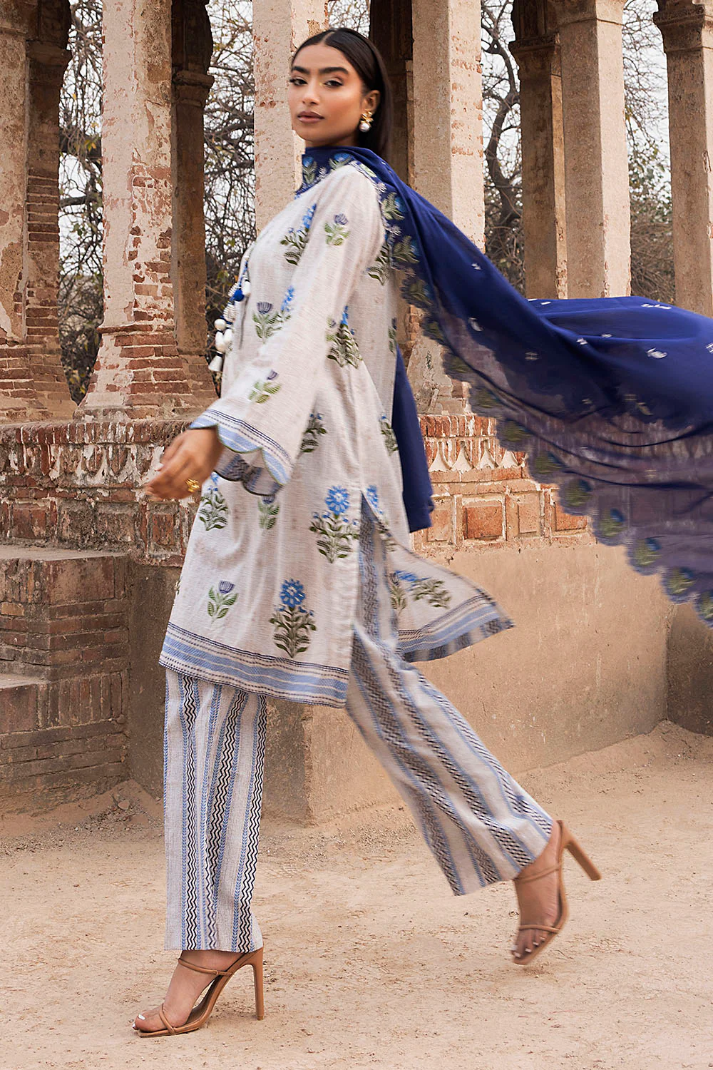 3 Piece Printed Lawn Suit with Embroidered Denting Dupatta and Printed Trouser - Image 3