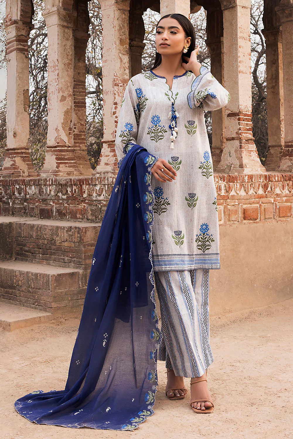 3 Piece Printed Lawn Suit with Embroidered Denting Dupatta and Printed Trouser - Image 6