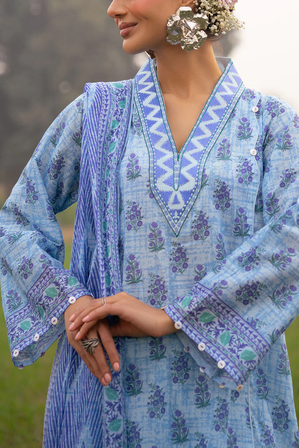 3 Piece Printed Lawn Suit with Embroidered Neckline - Image 2