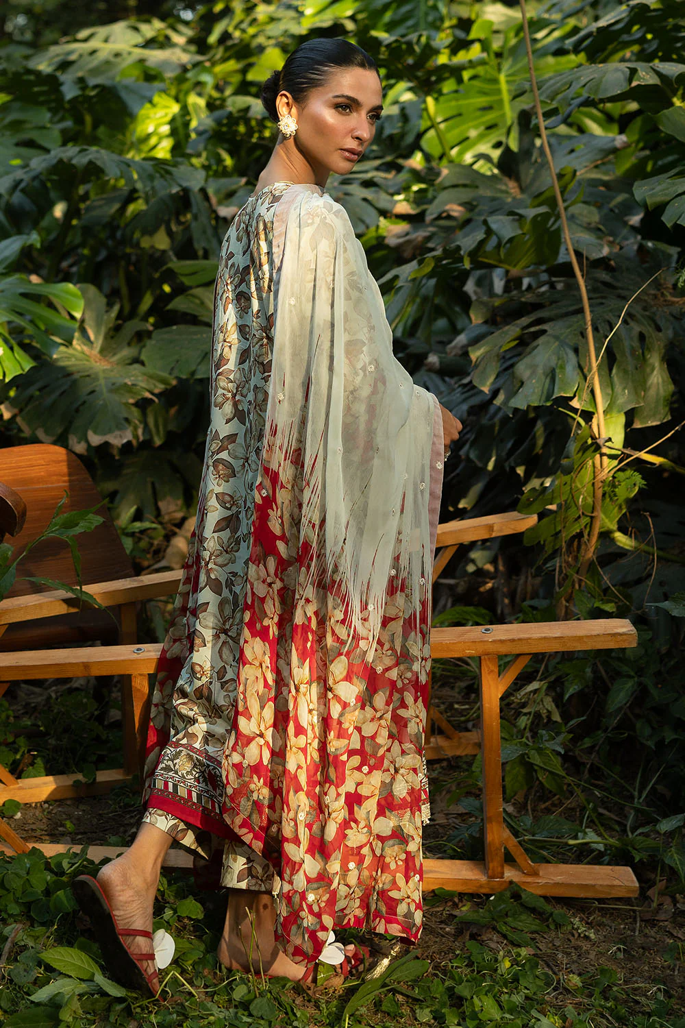 3 Piece Printed Lawn Suit with Embroidered Organza Details and Embroidered Printed Chiffon Dupatta - Image 3