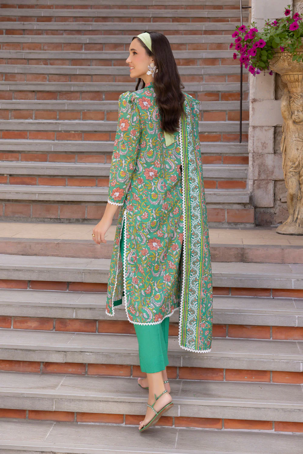 3 Piece Printed Lawn suit with Embroidered Organza Neckline - Image 3