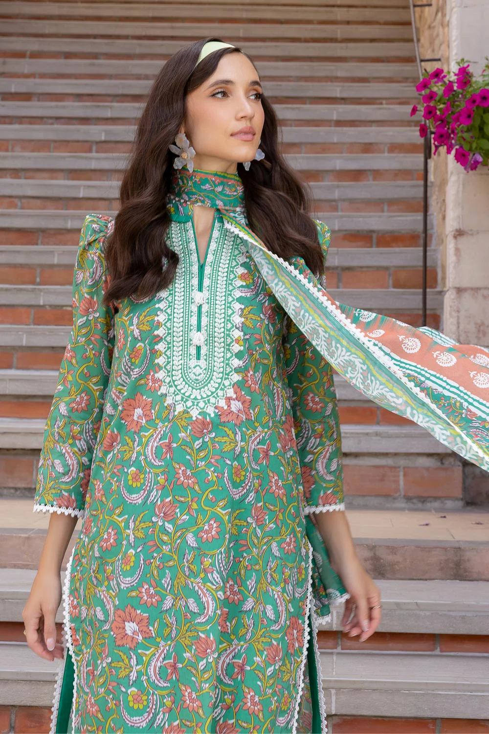 3 Piece Printed Lawn suit with Embroidered Organza Neckline - Image 5