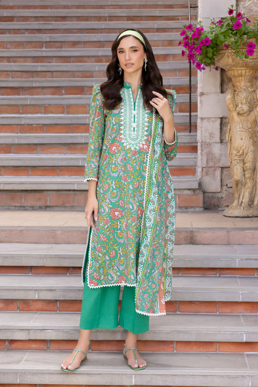 3 Piece Printed Lawn suit with Embroidered Organza Neckline - Image 6