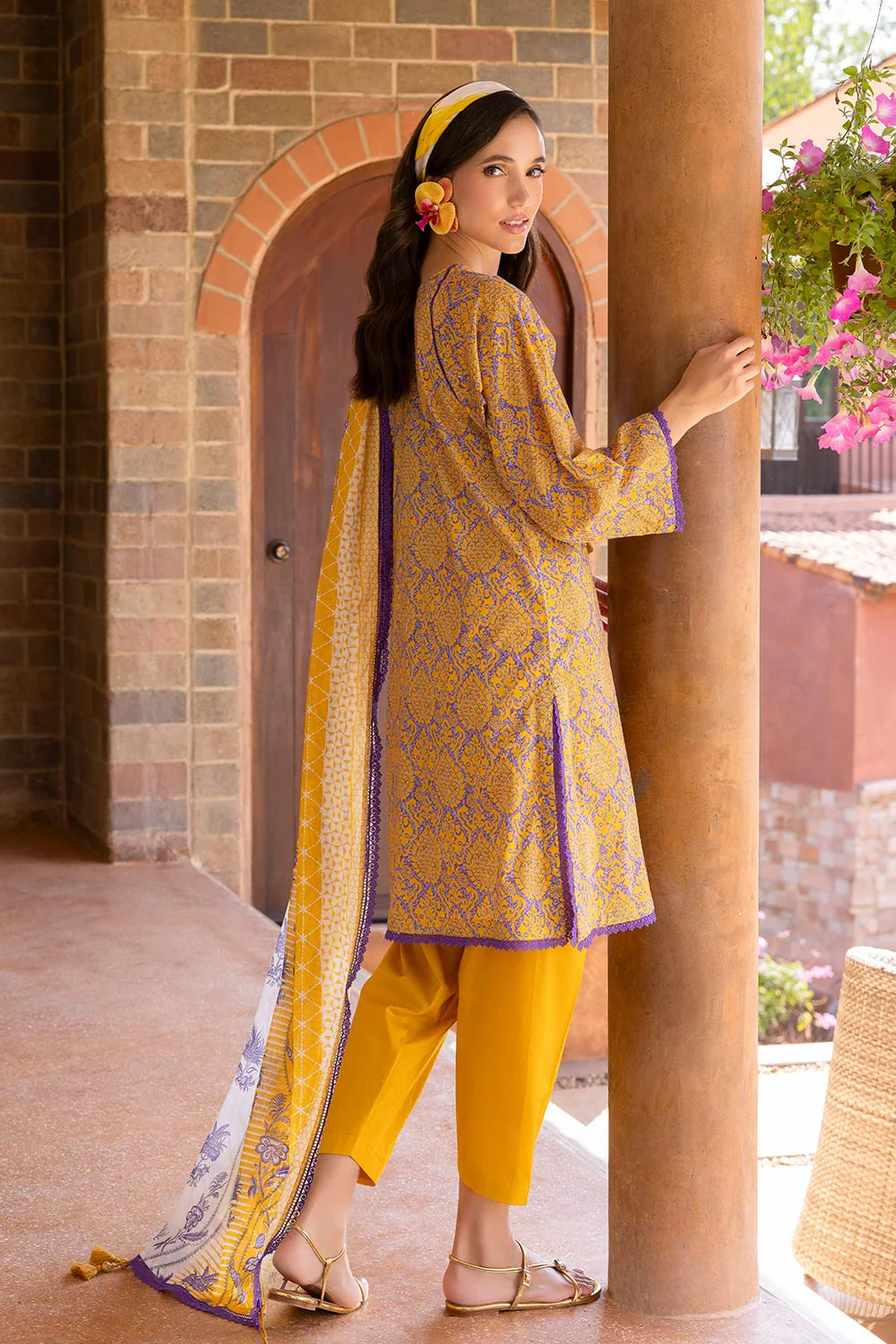 3 Piece Printed Lawn suit with Embroidered Organza Neckline - Image 3
