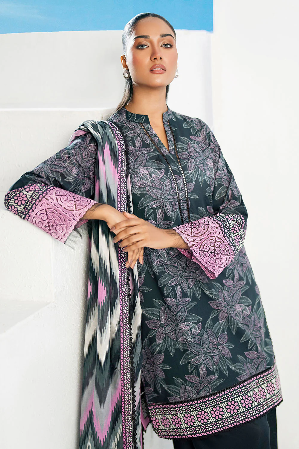 3 Piece Printed Lawn Suit with Embroidered Organza Sleeves - Image 6