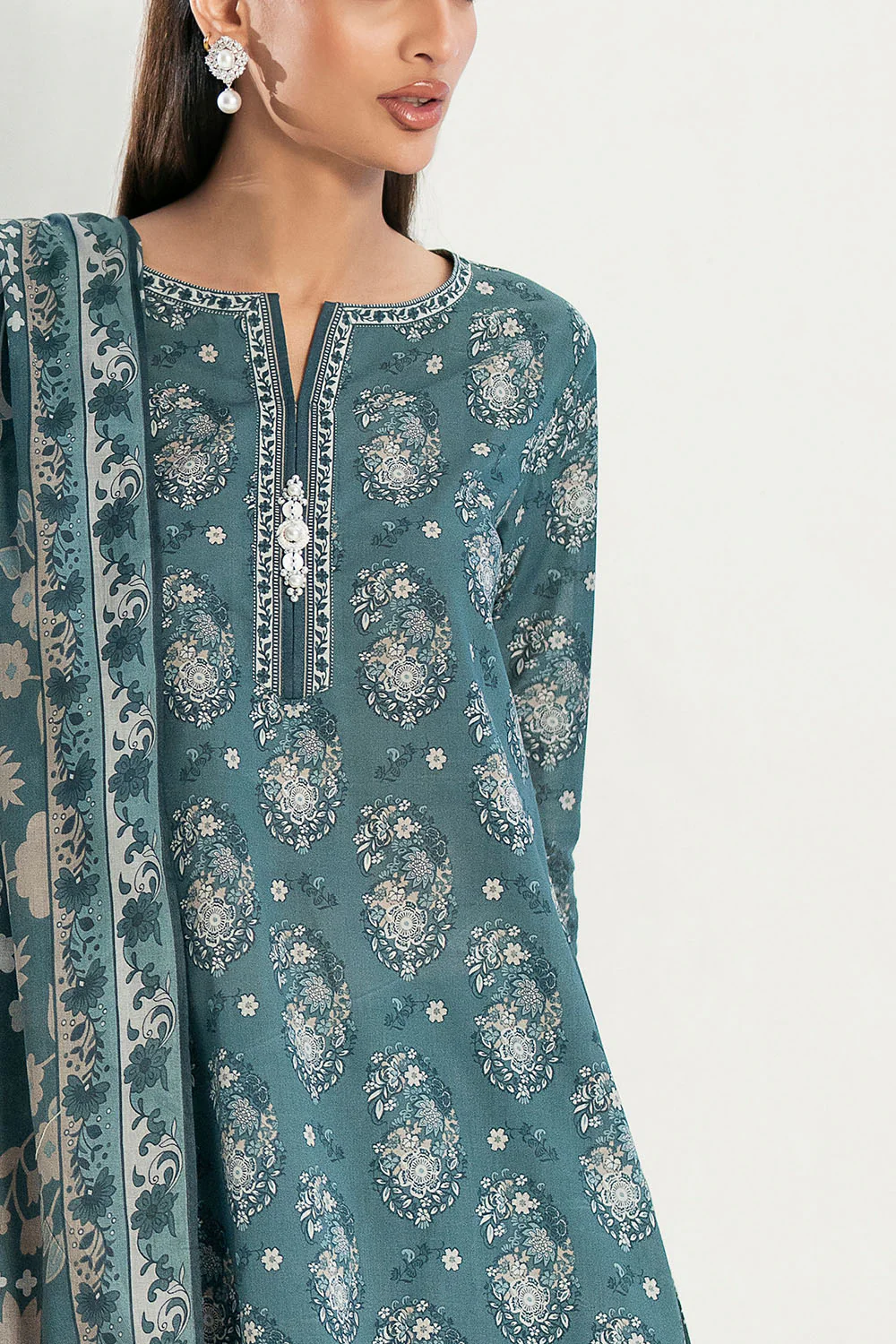3 Piece Printed Lawn Suit with Embroidered Trouser Border - Image 2