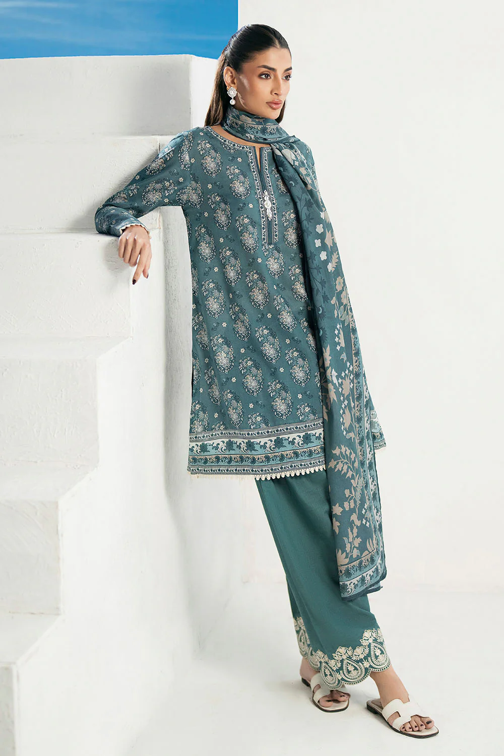 3 Piece Printed Lawn Suit with Embroidered Trouser Border - Image 3