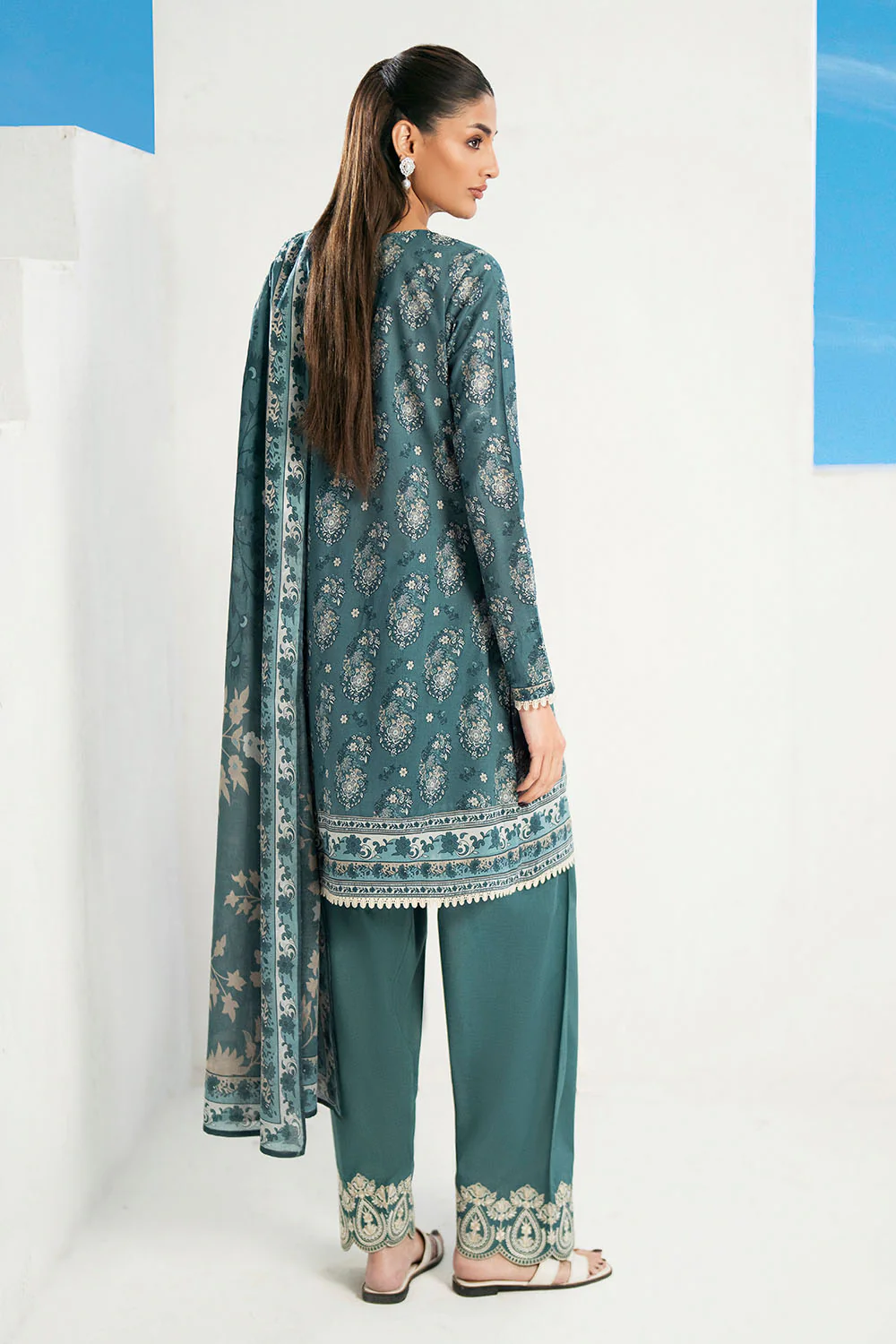 3 Piece Printed Lawn Suit with Embroidered Trouser Border - Image 4