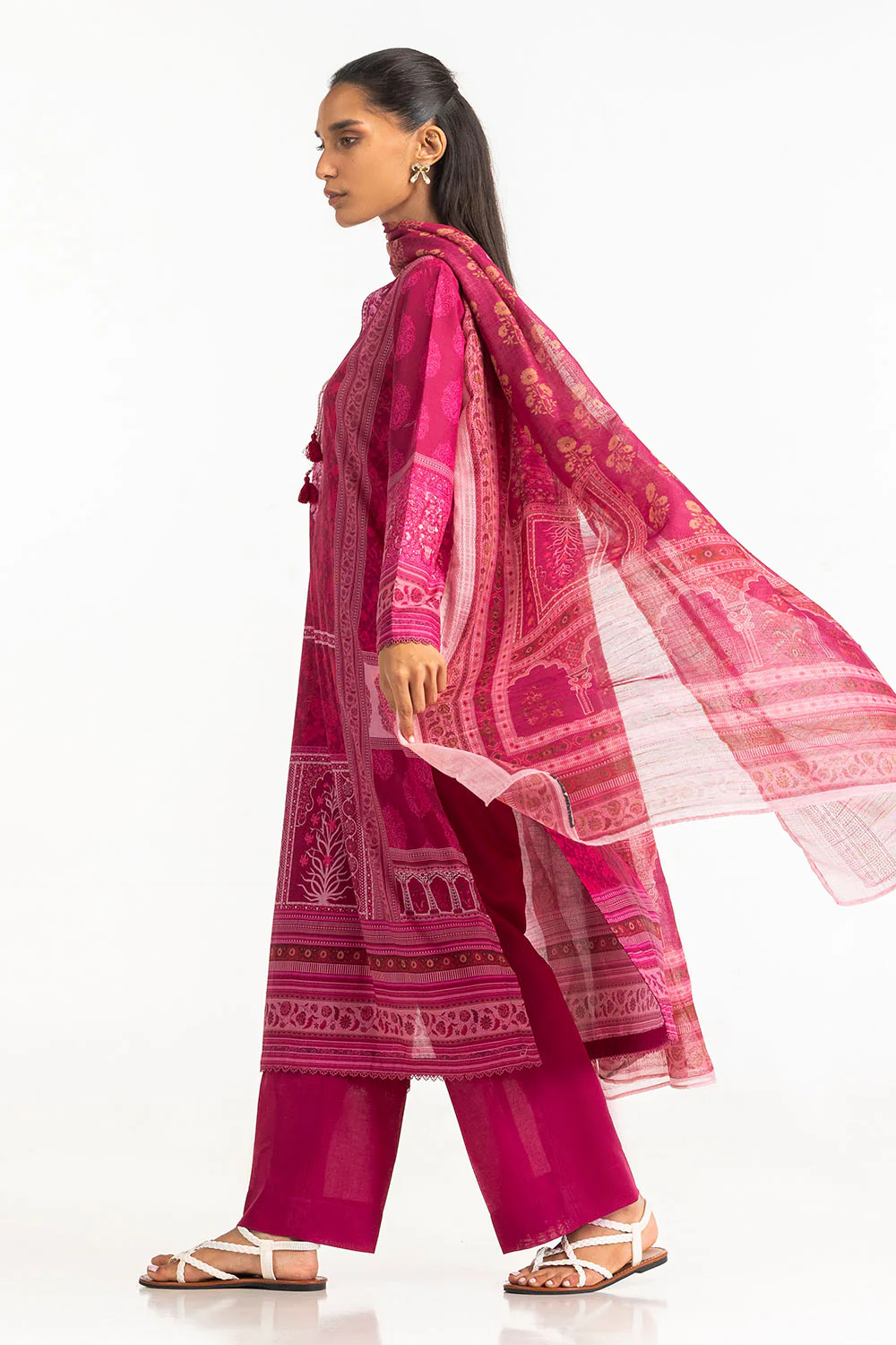 3 Piece Printed Lawn Suit with Leno Dupatta - Image 3