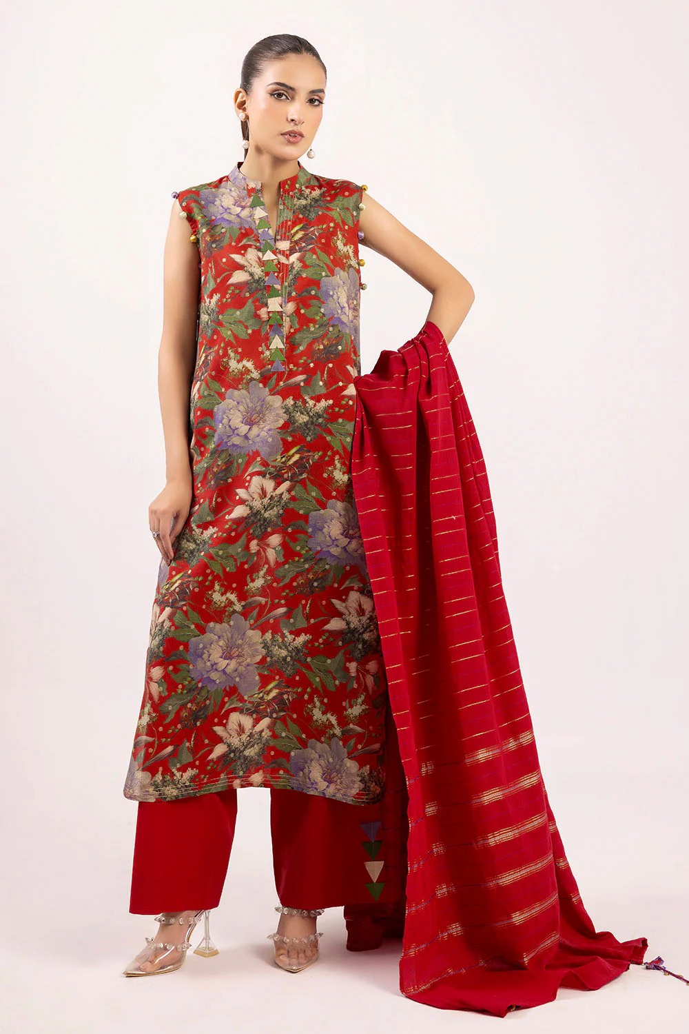 3 Piece Printed Lurex Jacquard Suit with Stripe Dupatta