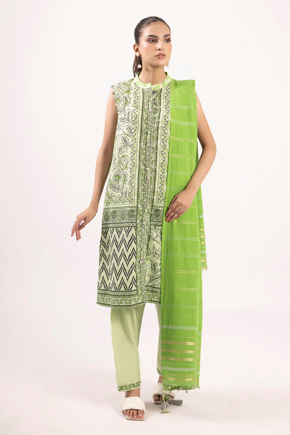 3 Piece Printed Lurex Jacquard Suit with Stripe Dupatta