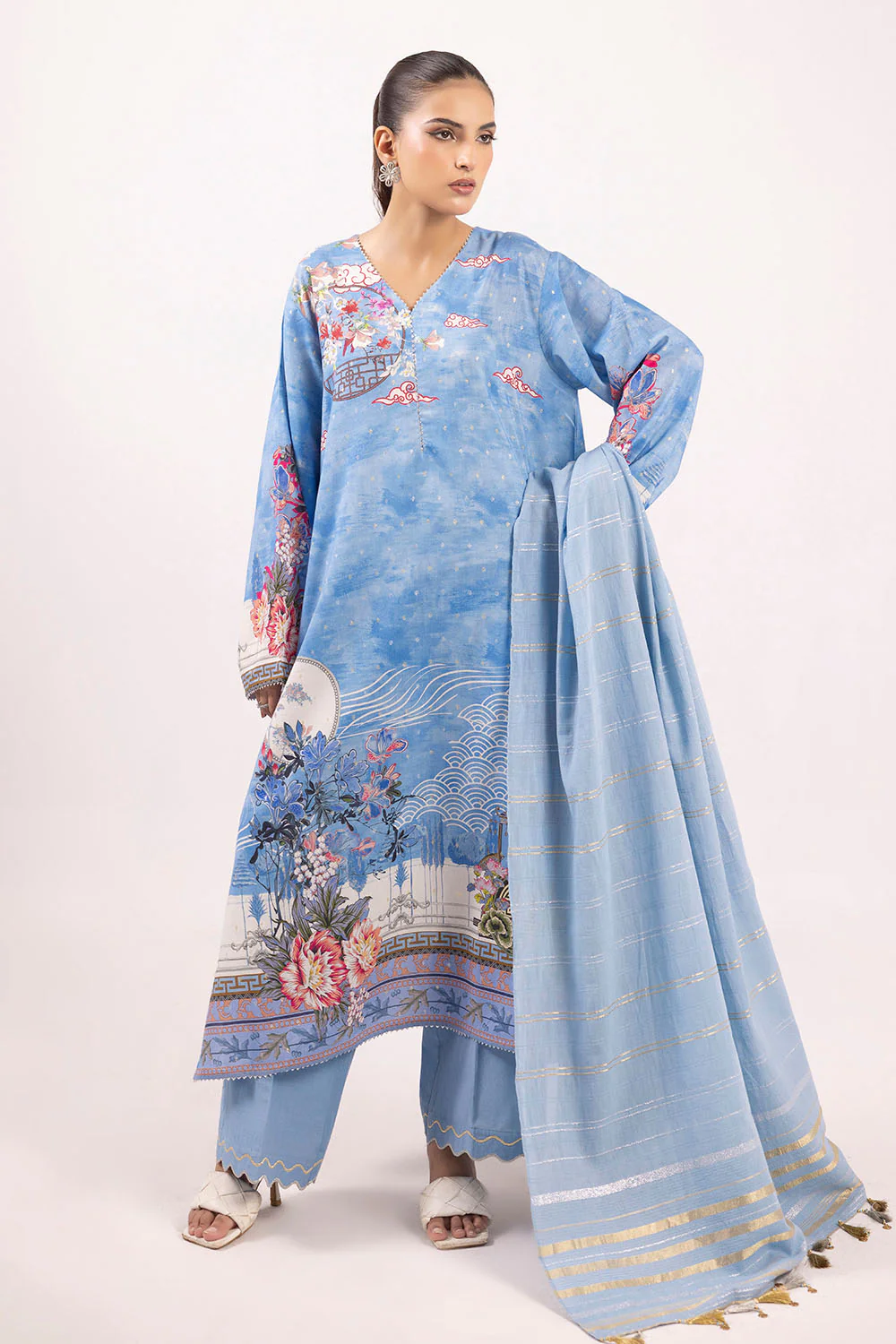 3 Piece Printed Lurex Jacquard Suit with Stripe Dupatta