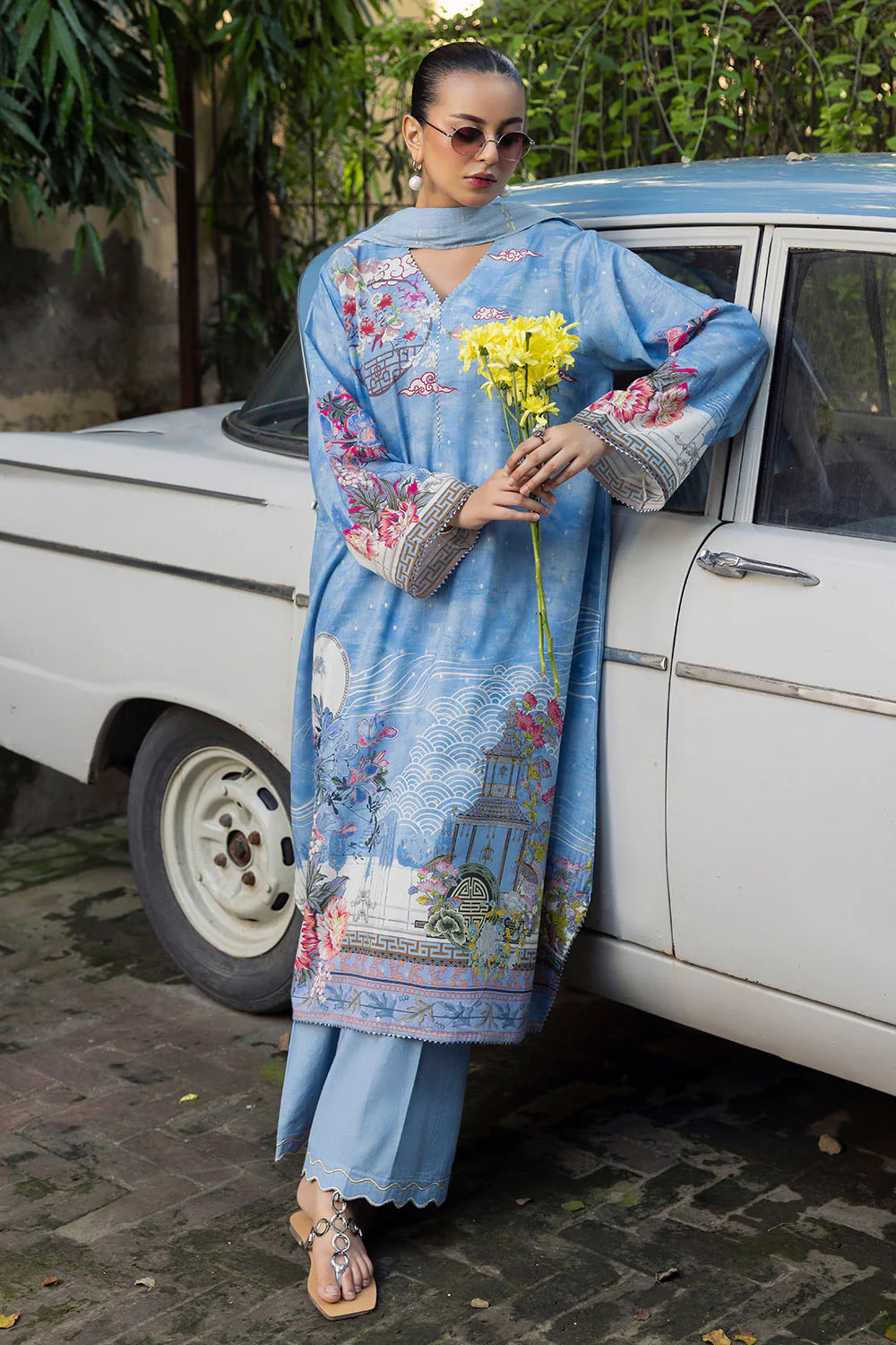 3 Piece Printed Lurex Jacquard Suit with Stripe Dupatta - Image 6