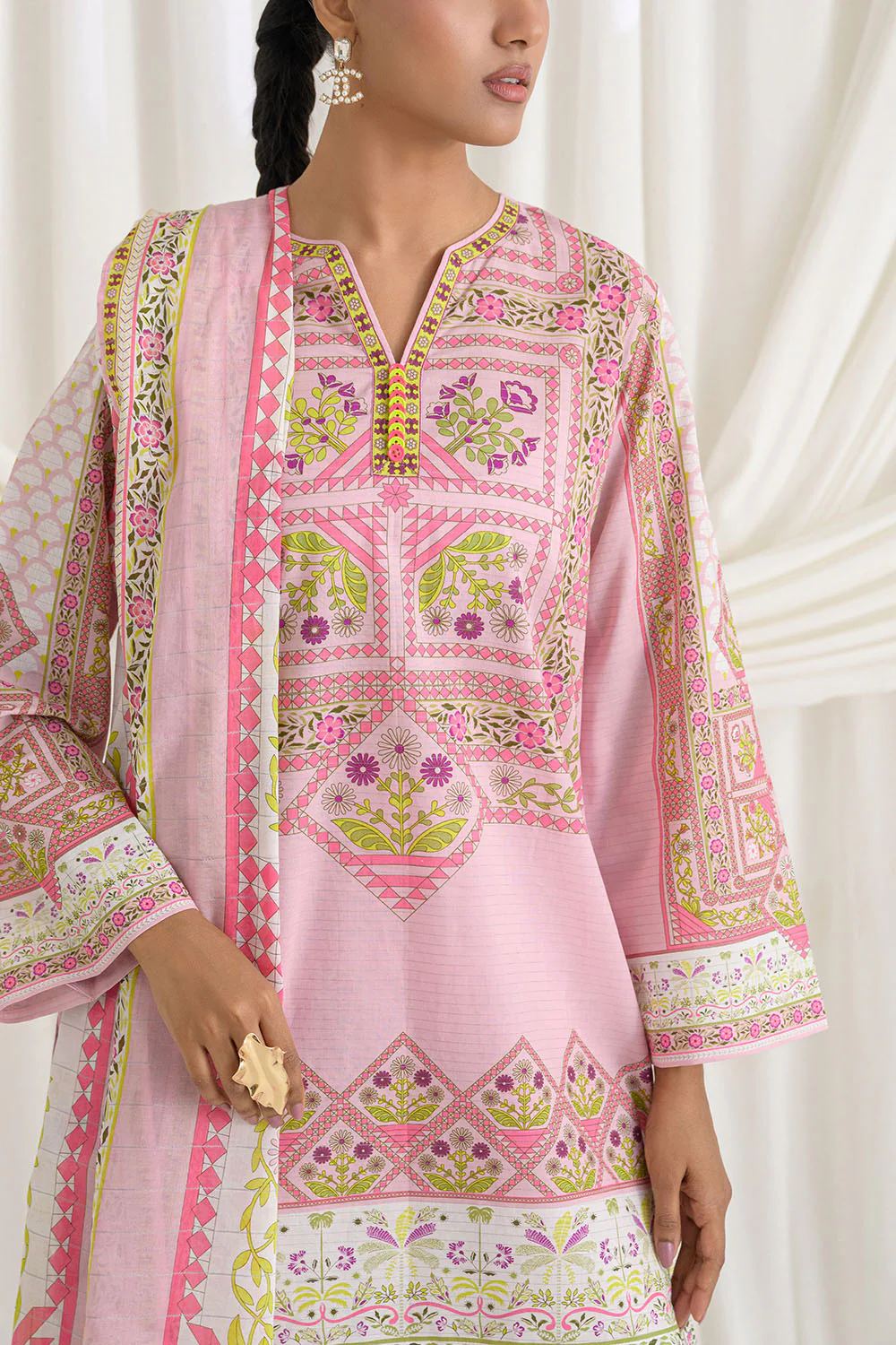 3 Piece Printed Mehsuri Stripe Lawn Suit with Printed Mehsuri Stripe Lawn Dupatta and Dyed Trouser - Image 2