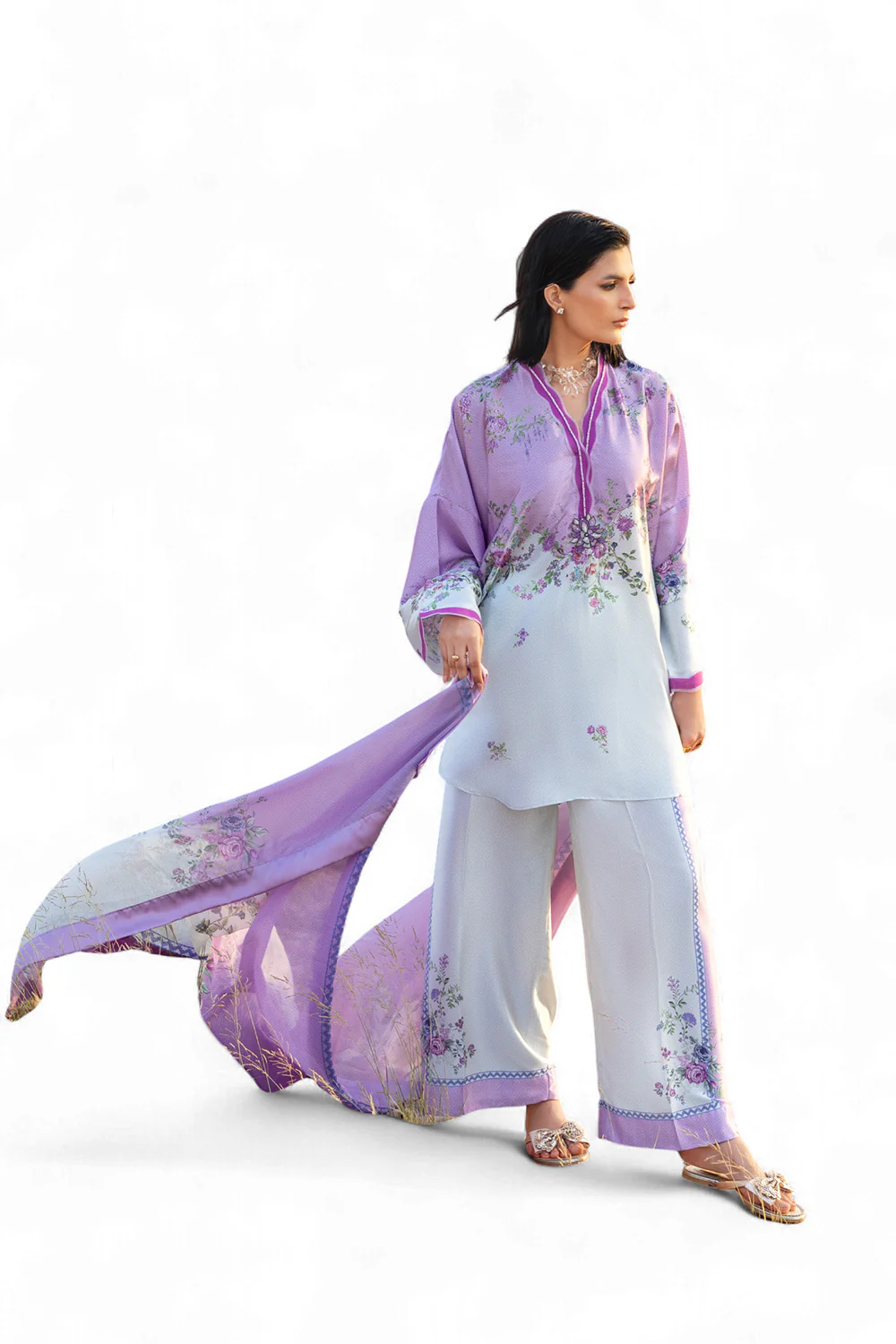 3 Piece Printed Silk Charmeuse Suit with Dupatta