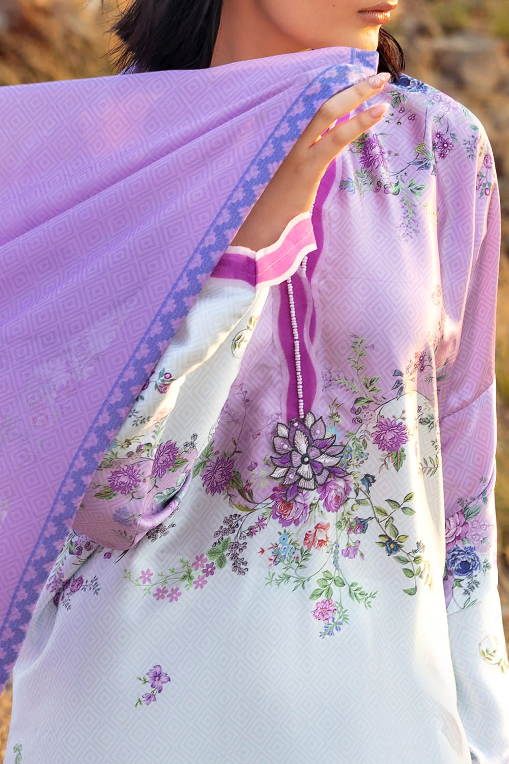 3 Piece Printed Silk Charmeuse Suit with Dupatta - Image 2