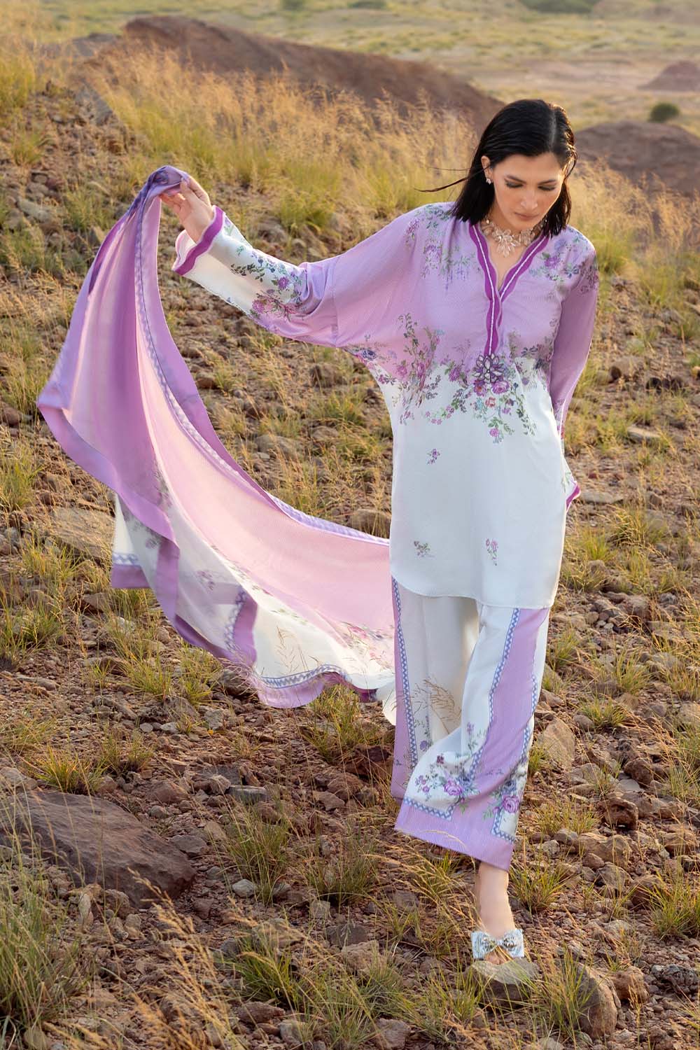 3 Piece Printed Silk Charmeuse Suit with Dupatta - Image 3