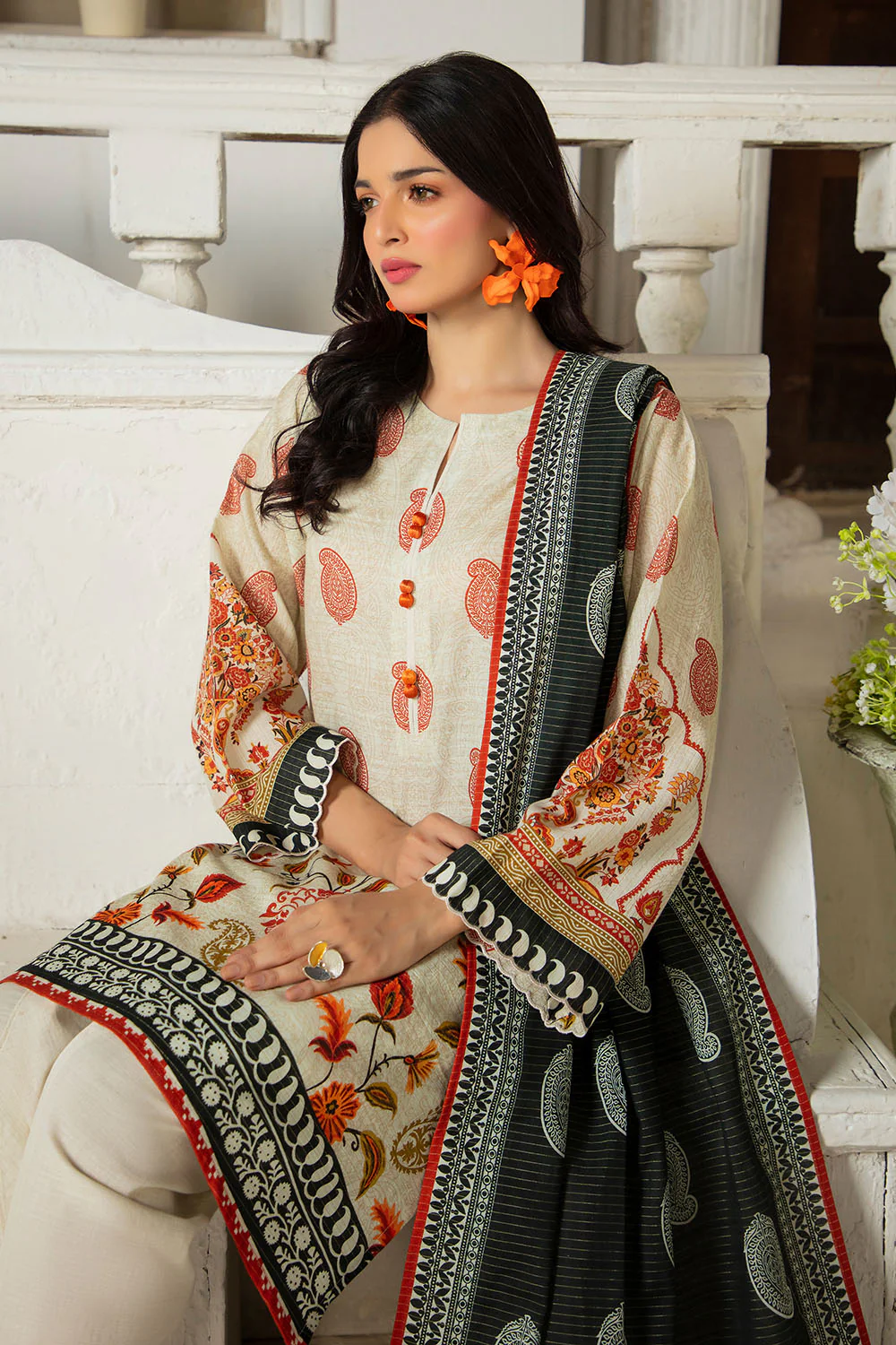 3 Piece Printed Stripe Khaddar Suit with Dupatta - Image 3