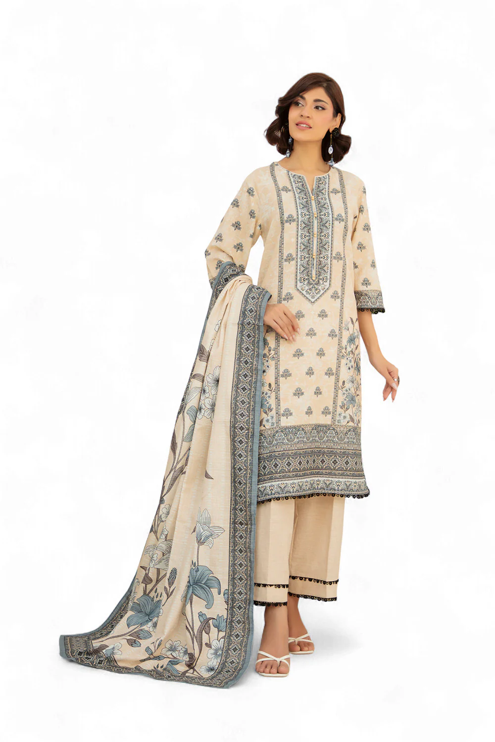 3 Piece Printed Stripe Khaddar Suit with Dupatta