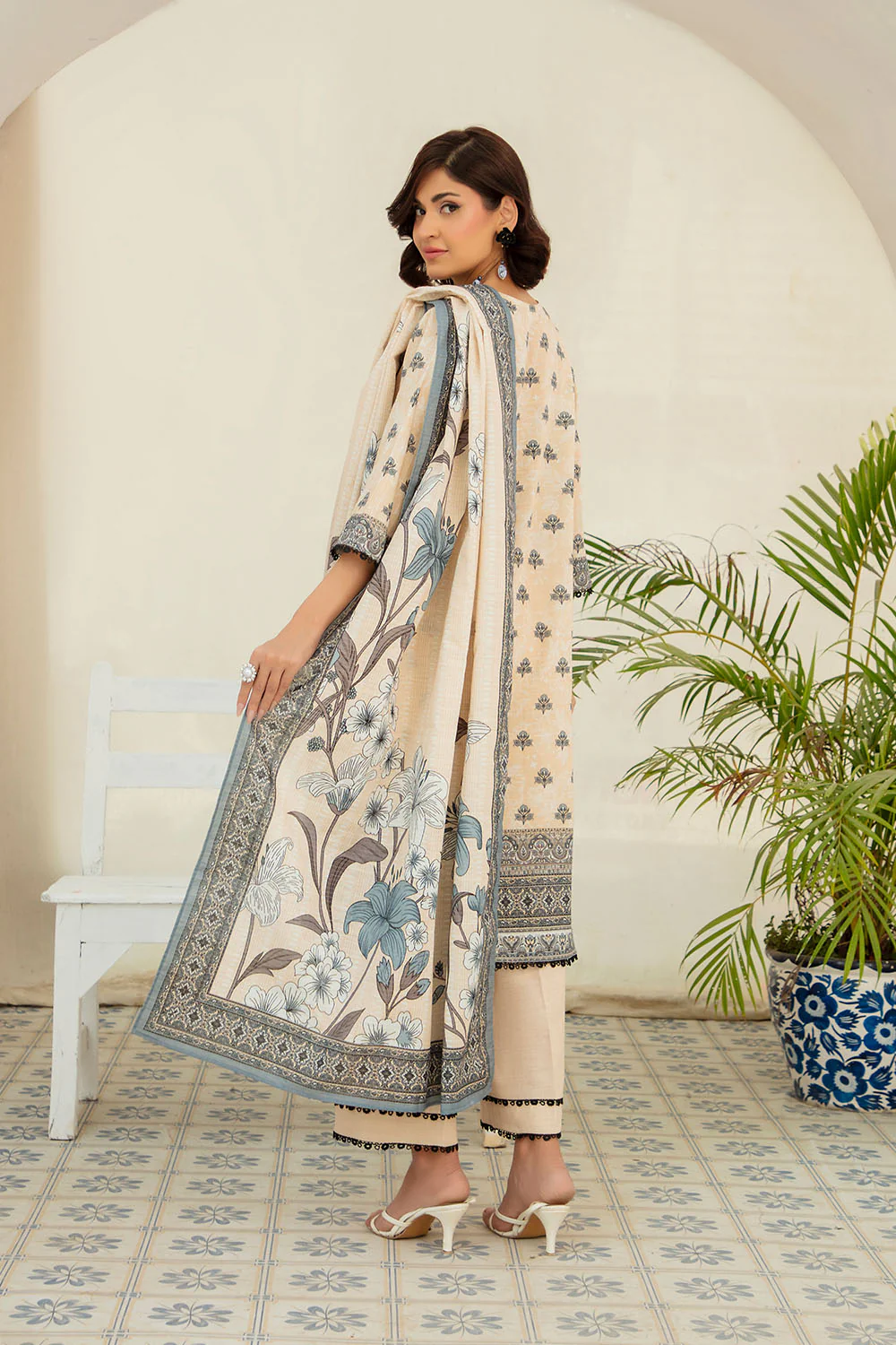 3 Piece Printed Stripe Khaddar Suit with Dupatta - Image 4