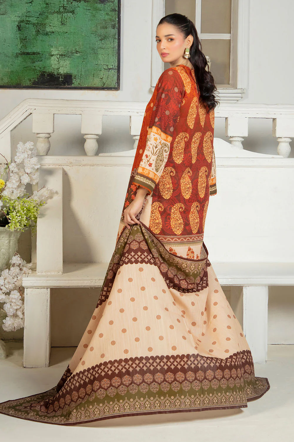 3 Piece Printed Zari Cotton & Khaddar Suit with Dupatta - Image 4