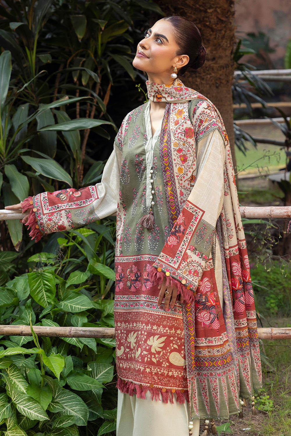 3 Piece Printed Zari Stripe Self Jacquard Suit with Dupatta - Image 3