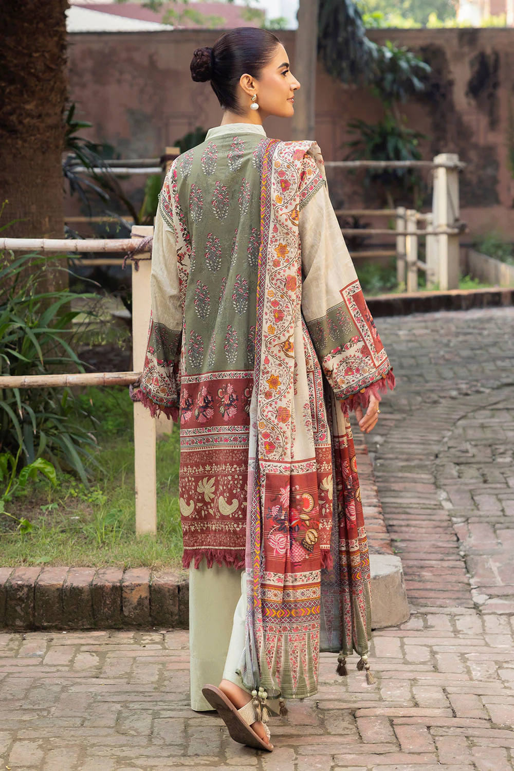 3 Piece Printed Zari Stripe Self Jacquard Suit with Dupatta - Image 4