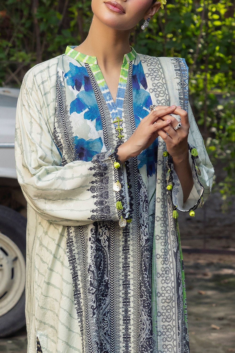 3 Piece Printed Zari Stripe Self Jacquard Suit with Dupatta - Image 2