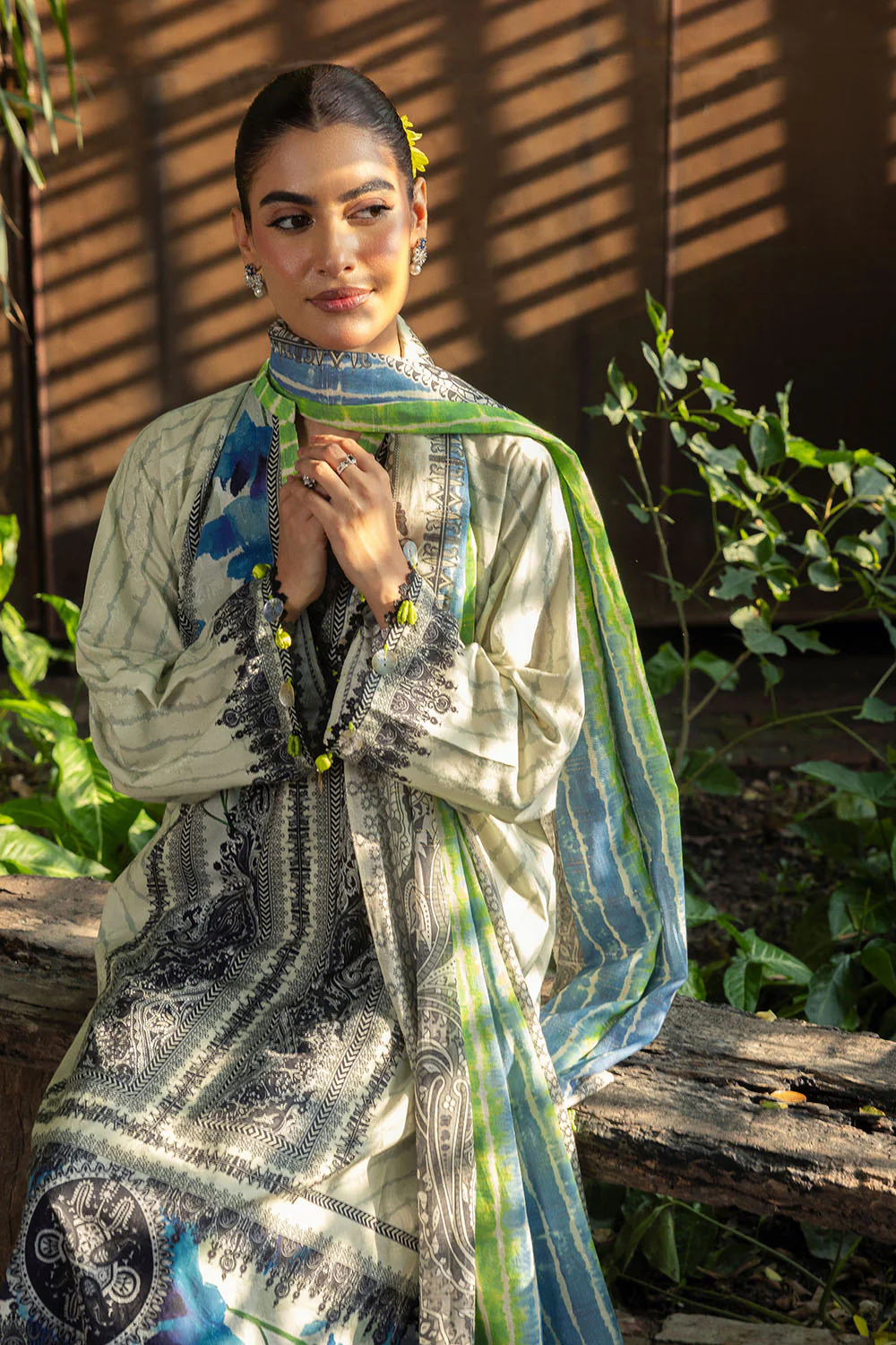 3 Piece Printed Zari Stripe Self Jacquard Suit with Dupatta - Image 3