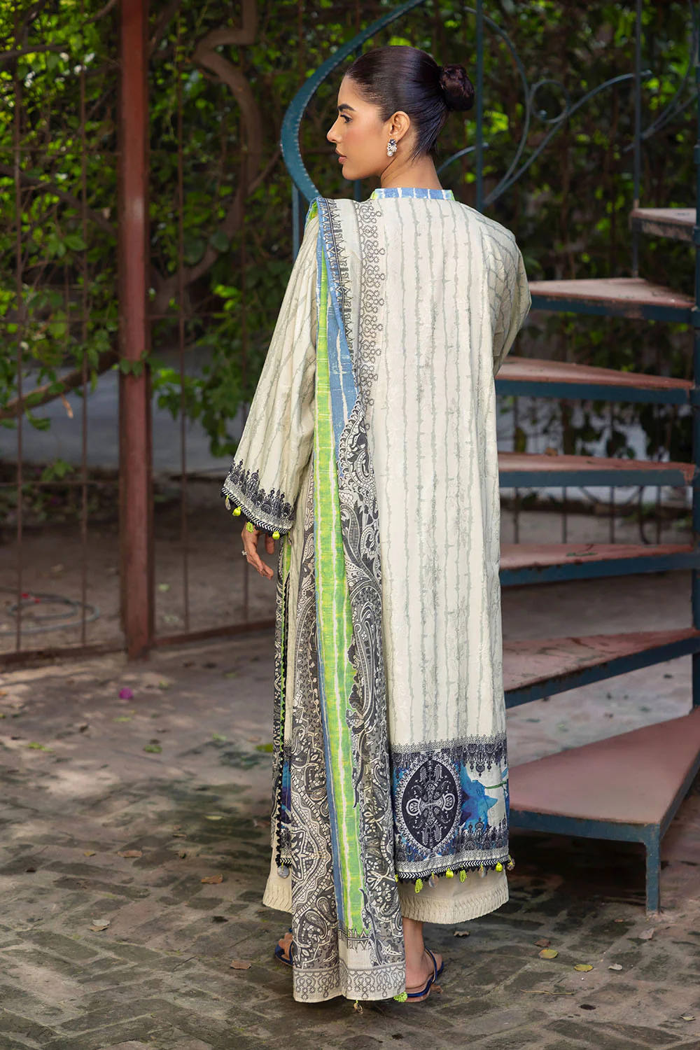 3 Piece Printed Zari Stripe Self Jacquard Suit with Dupatta - Image 4