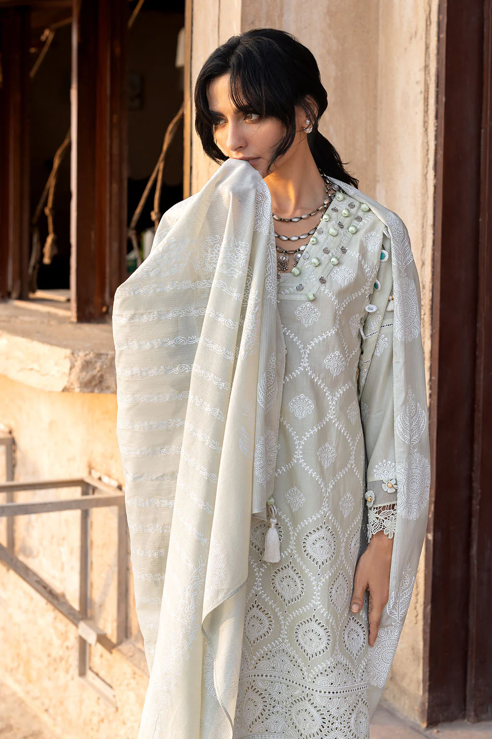 3 Piece Schiffli Embroidered Lawn Suit with Embroidered Lacquer Printed Dupatta - Image 5