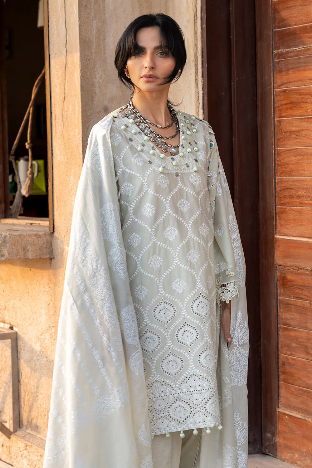 3 Piece Schiffli Embroidered Lawn Suit with Embroidered Lacquer Printed Dupatta - Image 6