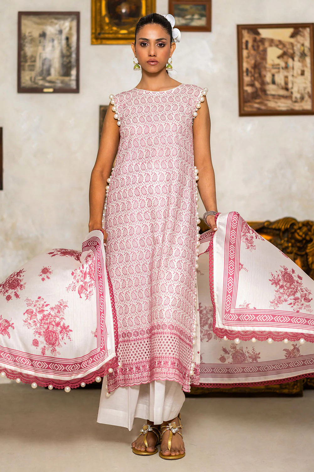 3 Piece Schiffli Embroidered Lawn Suit with Silk Dupatta - Image 6